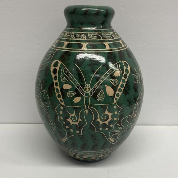 Costa Rica Pottery Vase Butterfly Lizard Birds Signed 2016 Handcrafted - Read - Picture 1 of 10